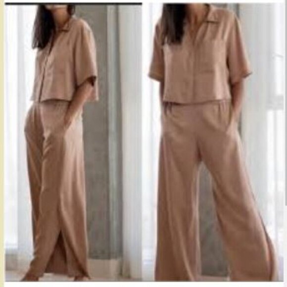 2 Pc Loungewear Set Cropped Top Short Sleeve Long Pants Silky Athleisure Small - Picture 5 of 8